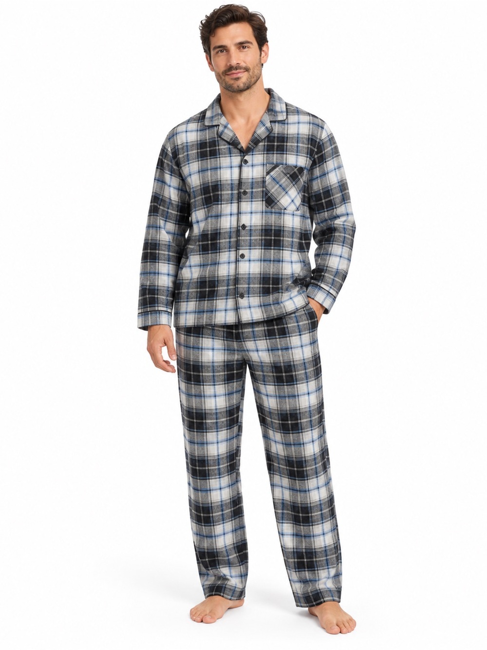 Plaid Flannel Mens Pajama Set in Blue, Gray & white